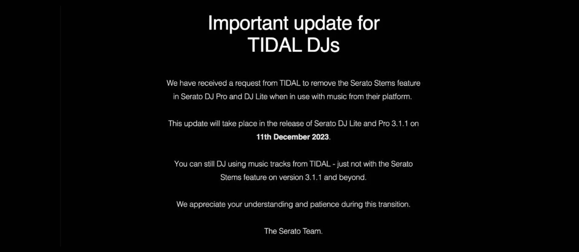 Serato объявил о прекращении работы Tidal при использовании Stems